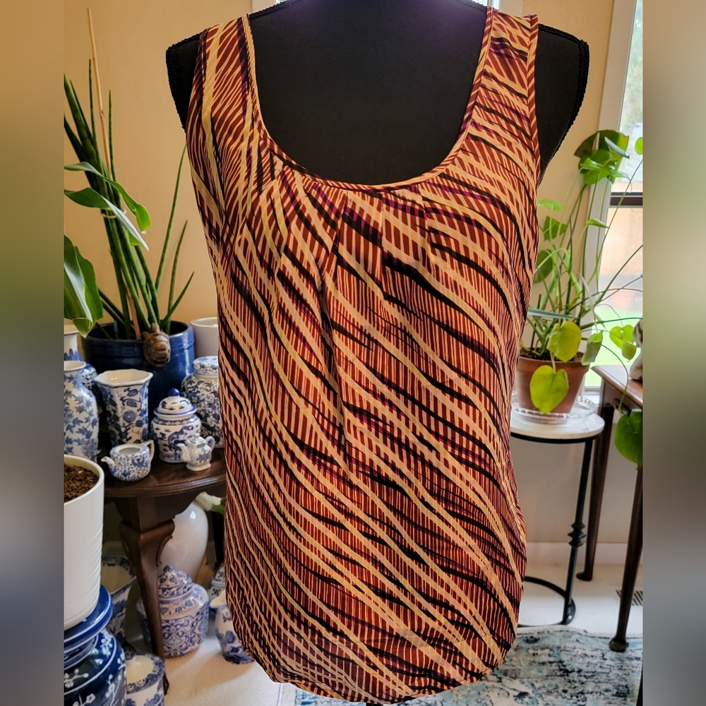 Hinge Purple, Yellow, Brn & Blk Asymm Stripe Print Hi-Lo Hem Rcrbk Tank Shell M